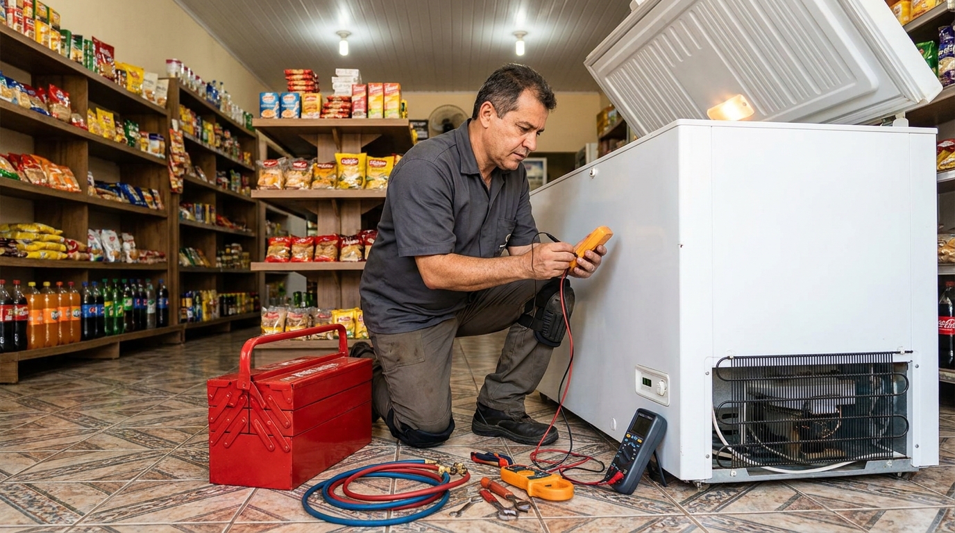 Recarga de gás refrigerante no freezer durante atendimento em Americana‑SP